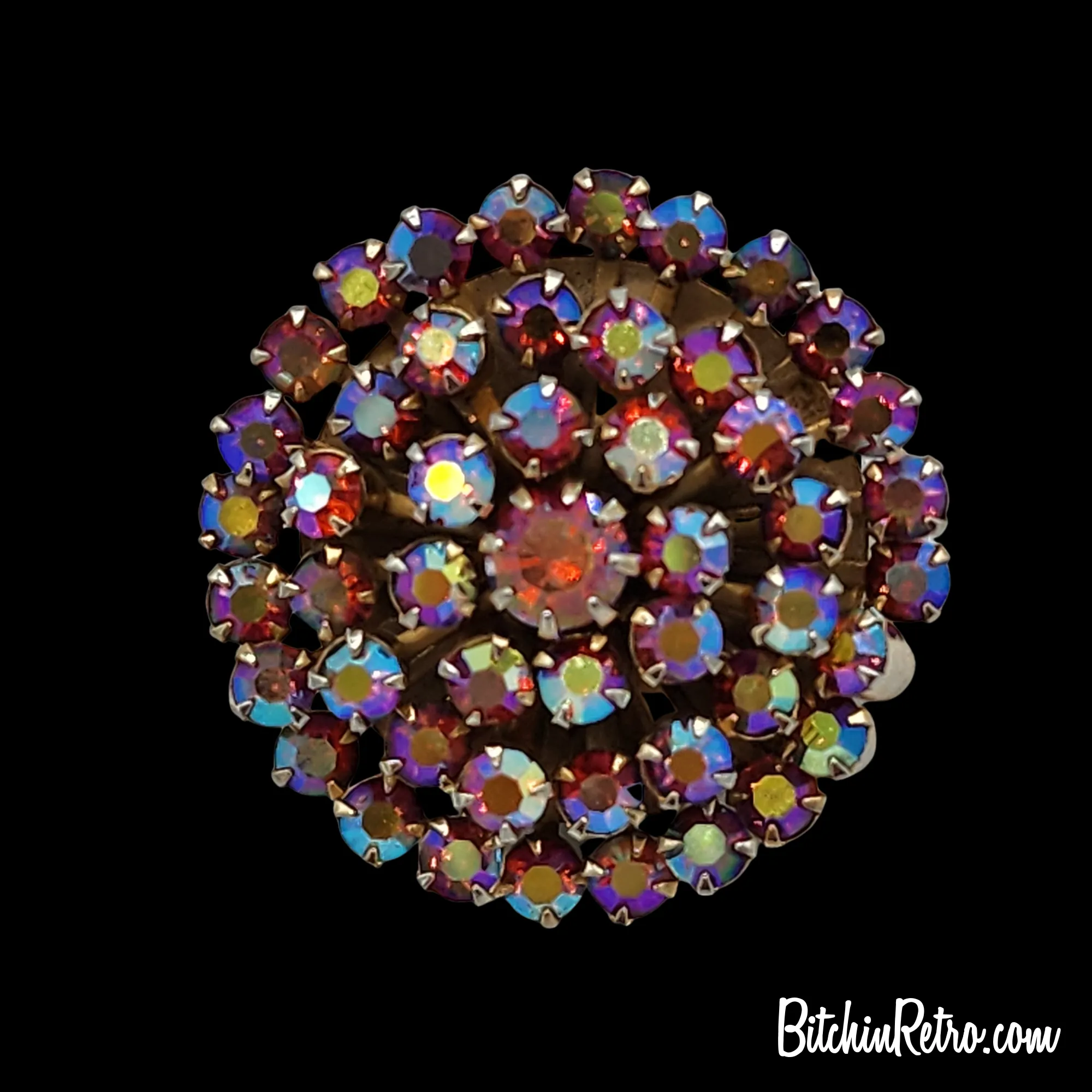 Vintage Rhinestone Brooch in Cranberry Gold Aurora Borealis Stones