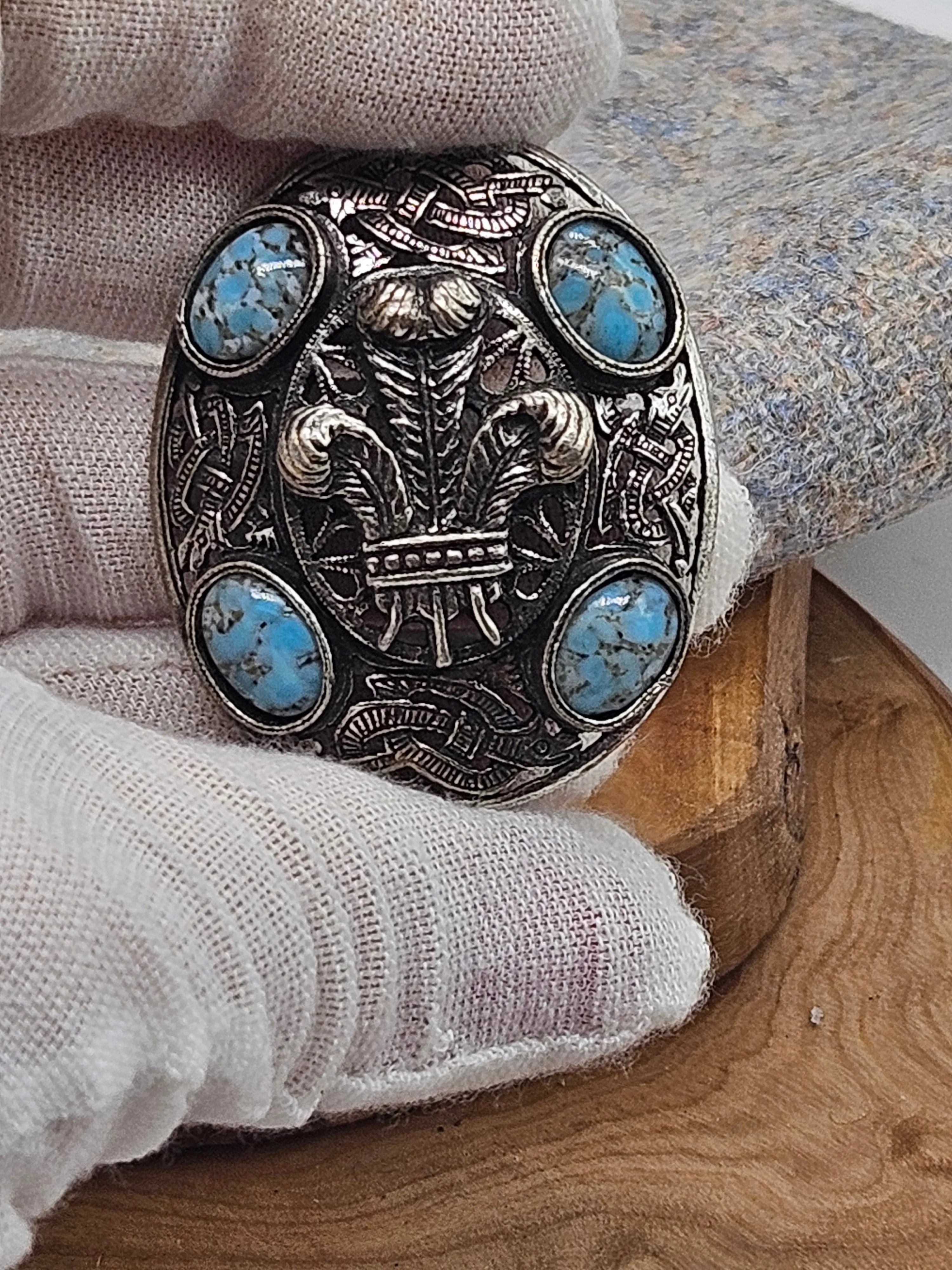 Vintage Scottish Brooch with ornament, Royal Feathers and turquoise, VGC