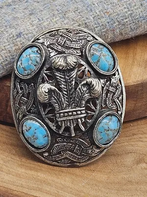 Vintage Scottish Brooch with ornament, Royal Feathers and turquoise, VGC