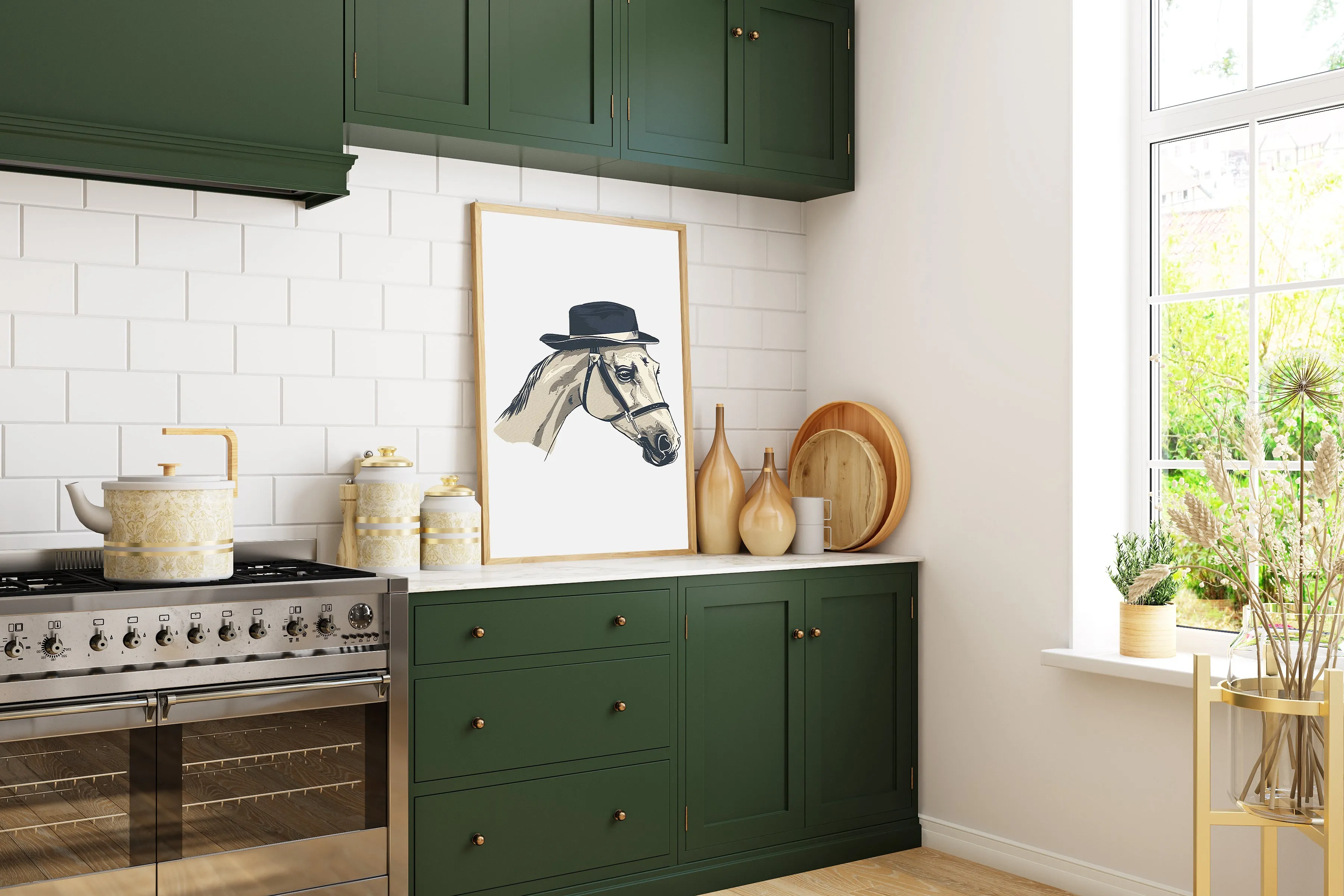 White Horse with Black Fedora Art Print – Gentlemanly Elegance | Vertical & Horizontal Options | Horse and Whiskey Collection