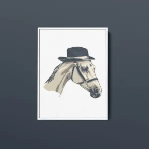 White Horse with Black Fedora Art Print – Gentlemanly Elegance | Vertical & Horizontal Options | Horse and Whiskey Collection