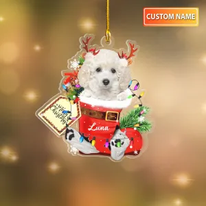 WHITE TOY POODLE IN SNOW POCKET CHRISTMAS ACRYLIC ORNAMENT