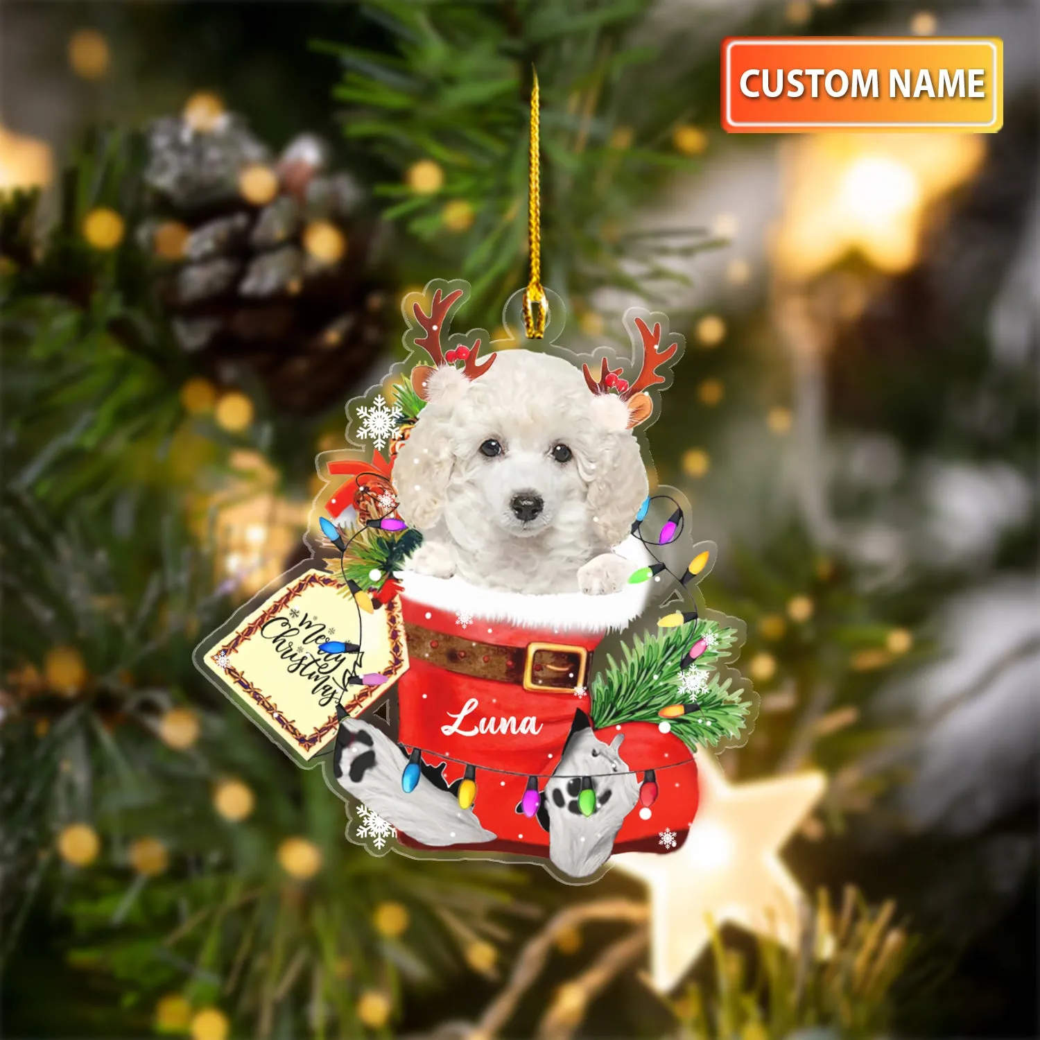 WHITE TOY POODLE IN SNOW POCKET CHRISTMAS ACRYLIC ORNAMENT