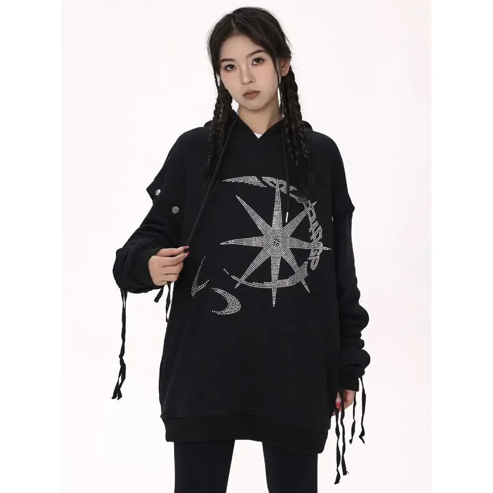 Y2K Rhinestone Graphic Print Hoodie for Stylish Comfort