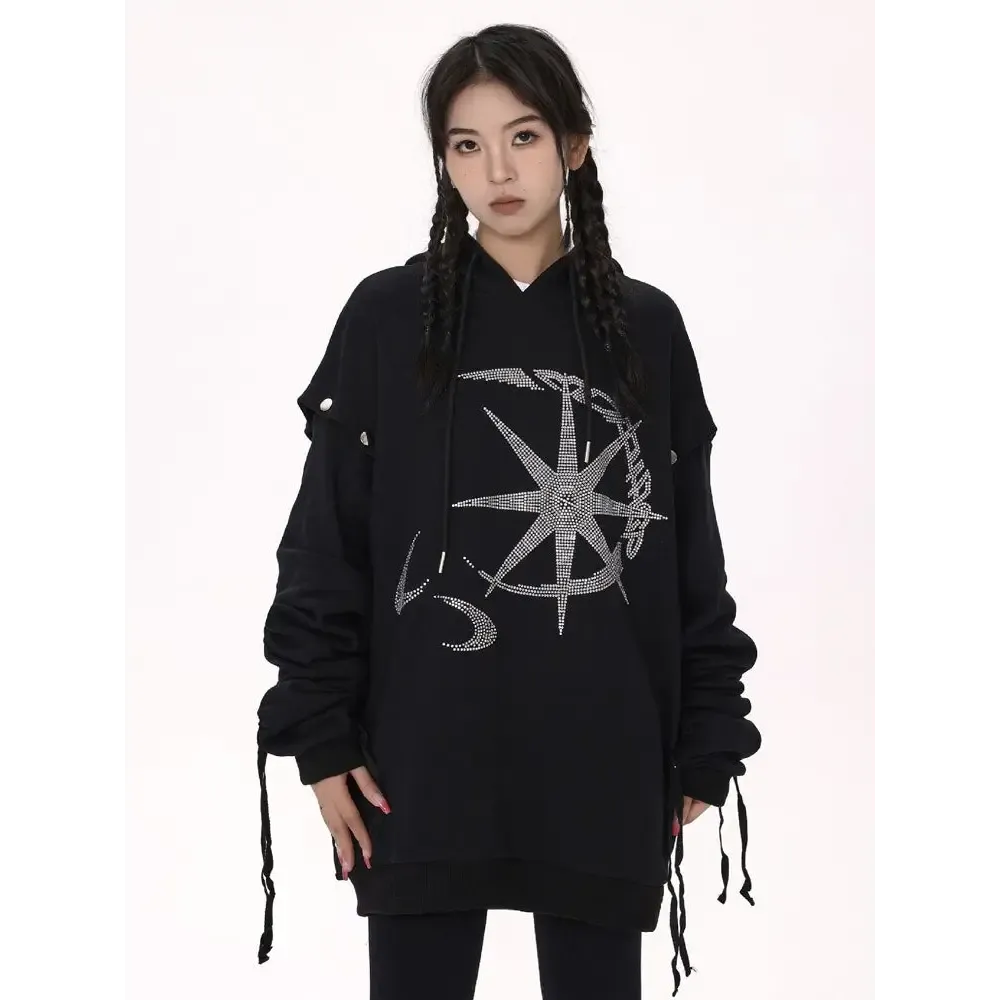 Y2K Rhinestone Graphic Print Hoodie for Stylish Comfort