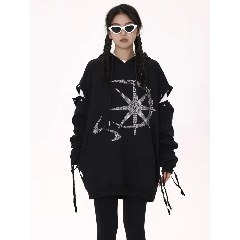 Y2K Rhinestone Graphic Print Hoodie for Stylish Comfort