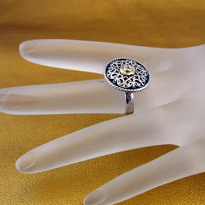 Zircon Ring 9k Yellow Gold 925 Silver Filigree  6.5,7 Handmade Hadar Designers ()Y
